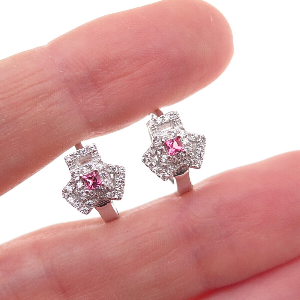 925 Sterling Silver Pink & White C Z Hoop Earrings
